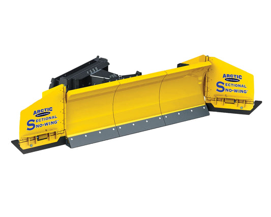 Yellow snow plow with 'Arctic' branding 
