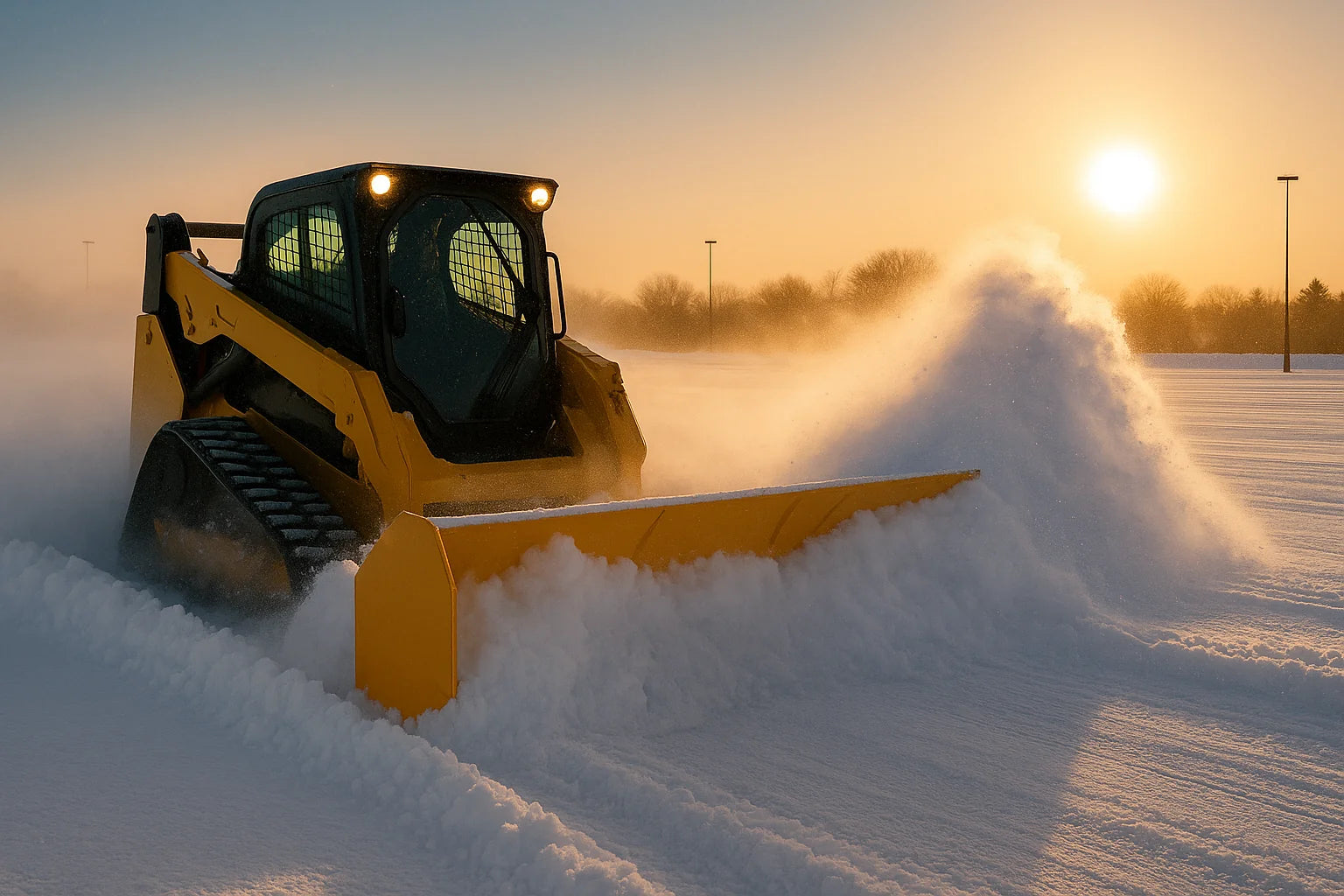 Skid steer pushing snow with sectional box pusher — Arctic & Metal Pless equipment
